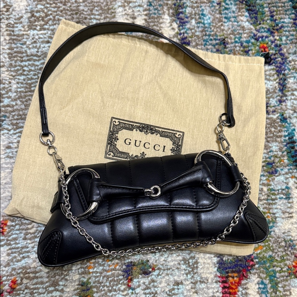 Black Gucci Horsebit Chain Shoulder Bag